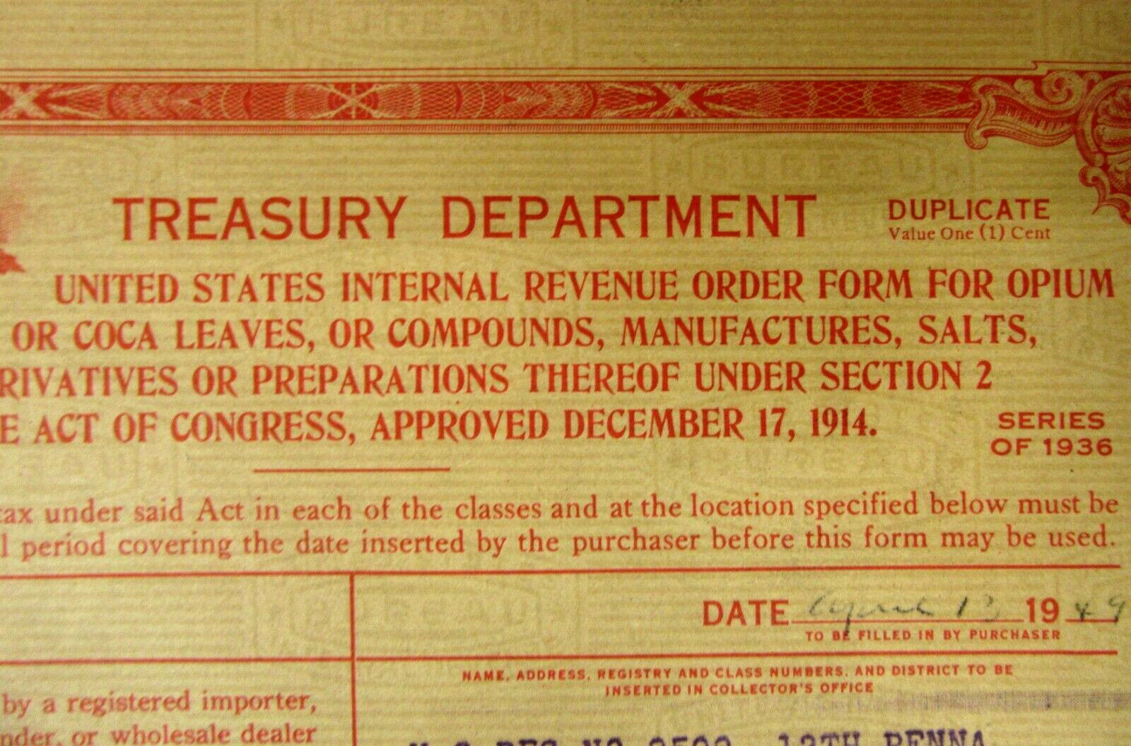 Series 1936 U.S. Internal Revenue OPIUM ORDER FORMS book from 1949 wb