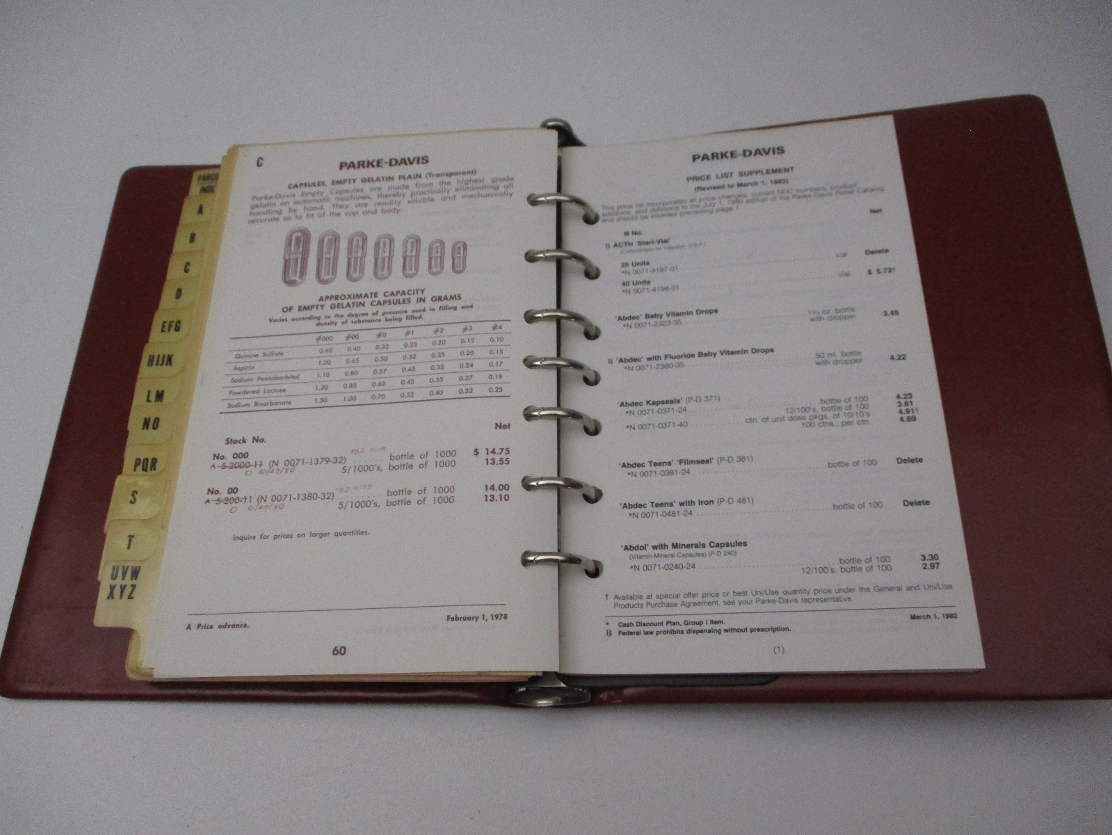 Vintage 1987 Parke Davis Price List Book Binder Pharmacy Chemist Drugs