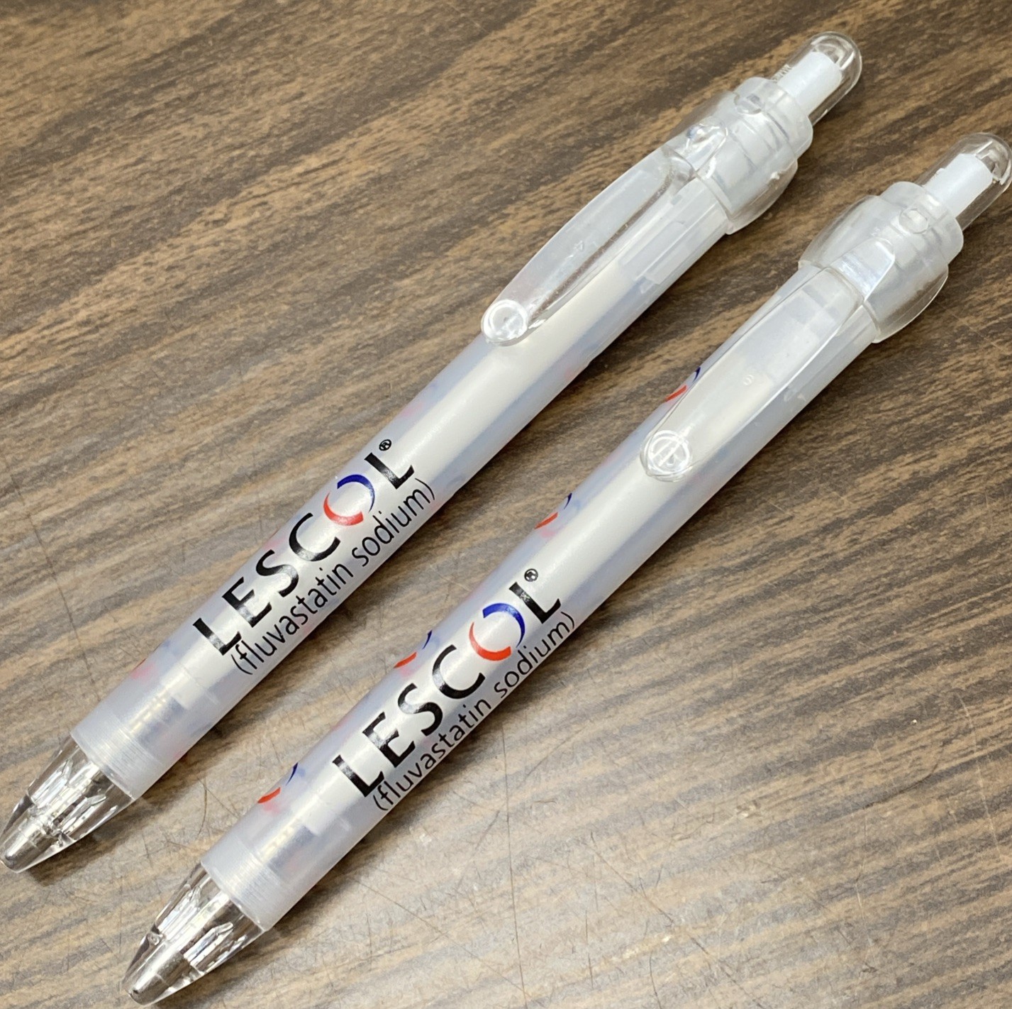 2 Vtg Pharmaceutical Advertising LESCOL Fluvastatin Drug Rep Click Pens WRITES