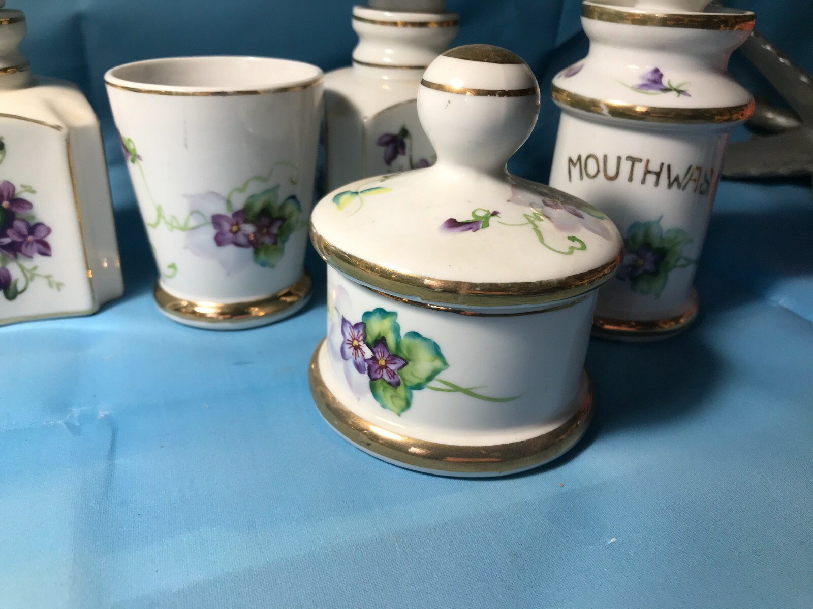 Unusual Vintage 5pc Porcelain Vanity Dresser Set – Purple Violets on White China