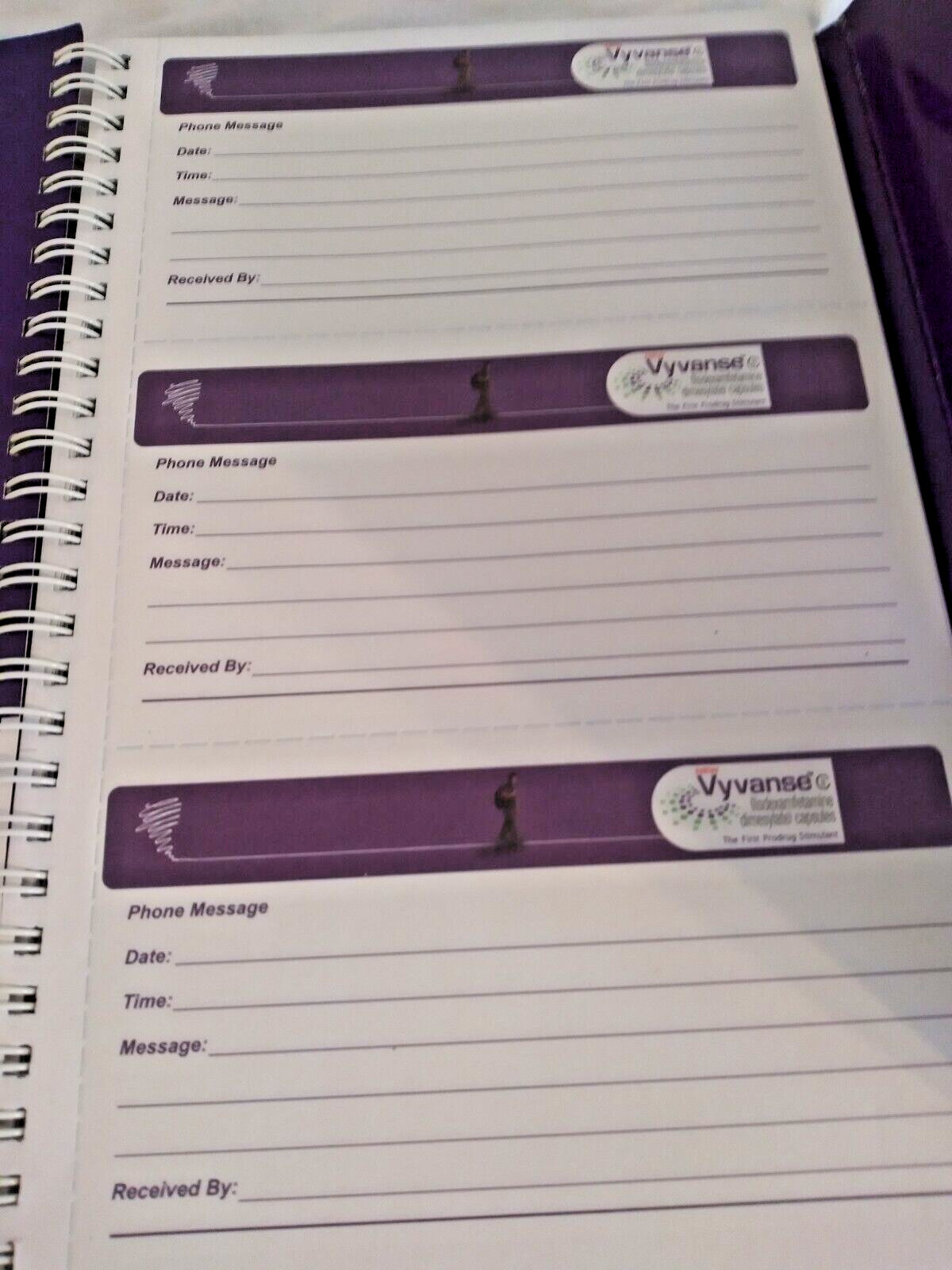 Vyvanse Message Book. Pharmaceutical Spiral Phone Message Book