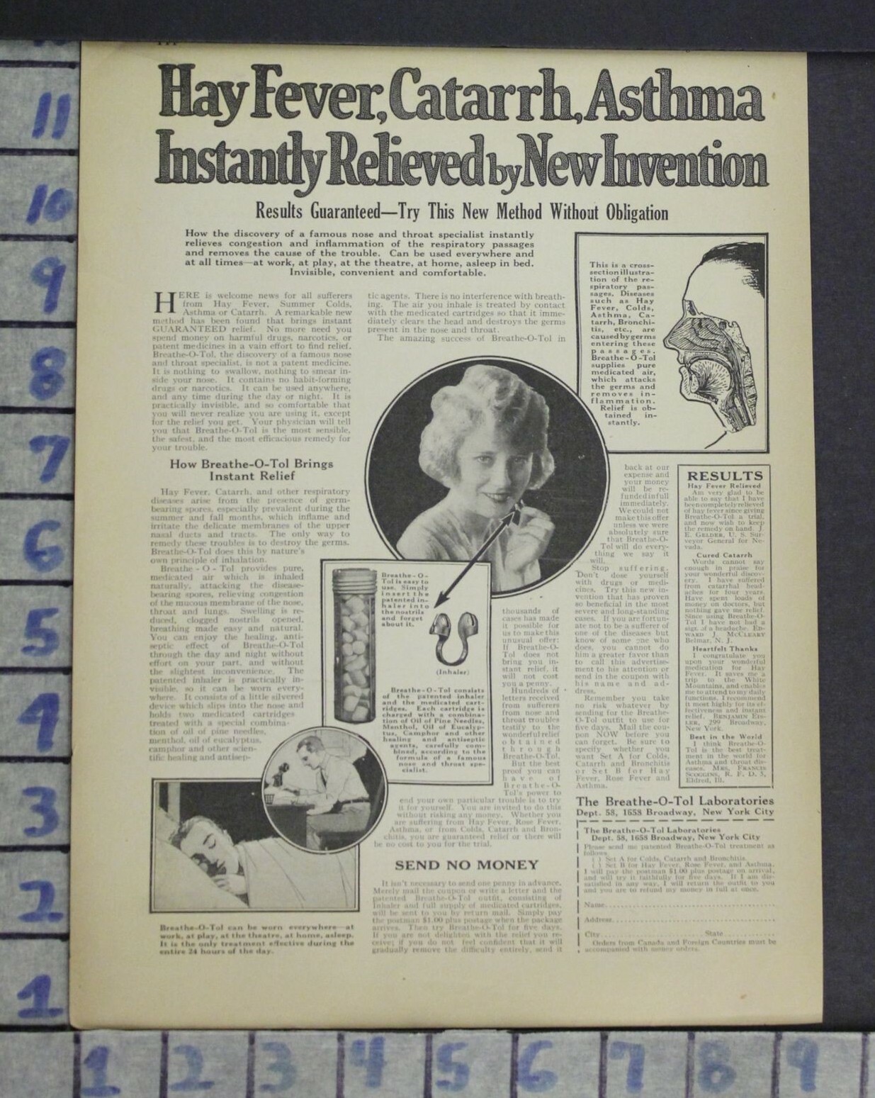 1923 BREATHE-O-TOL ASTHMA INVENTION MEDICAL CURE HEALTH QUACK VINTAGE AD ZJ26