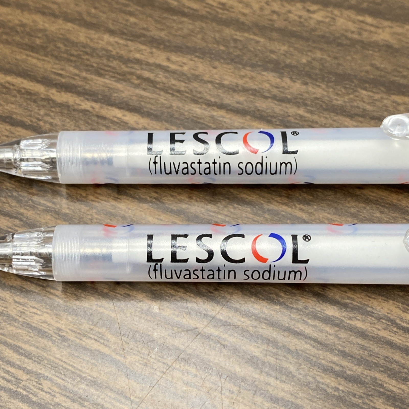 2 Vtg Pharmaceutical Advertising LESCOL Fluvastatin Drug Rep Click Pens WRITES