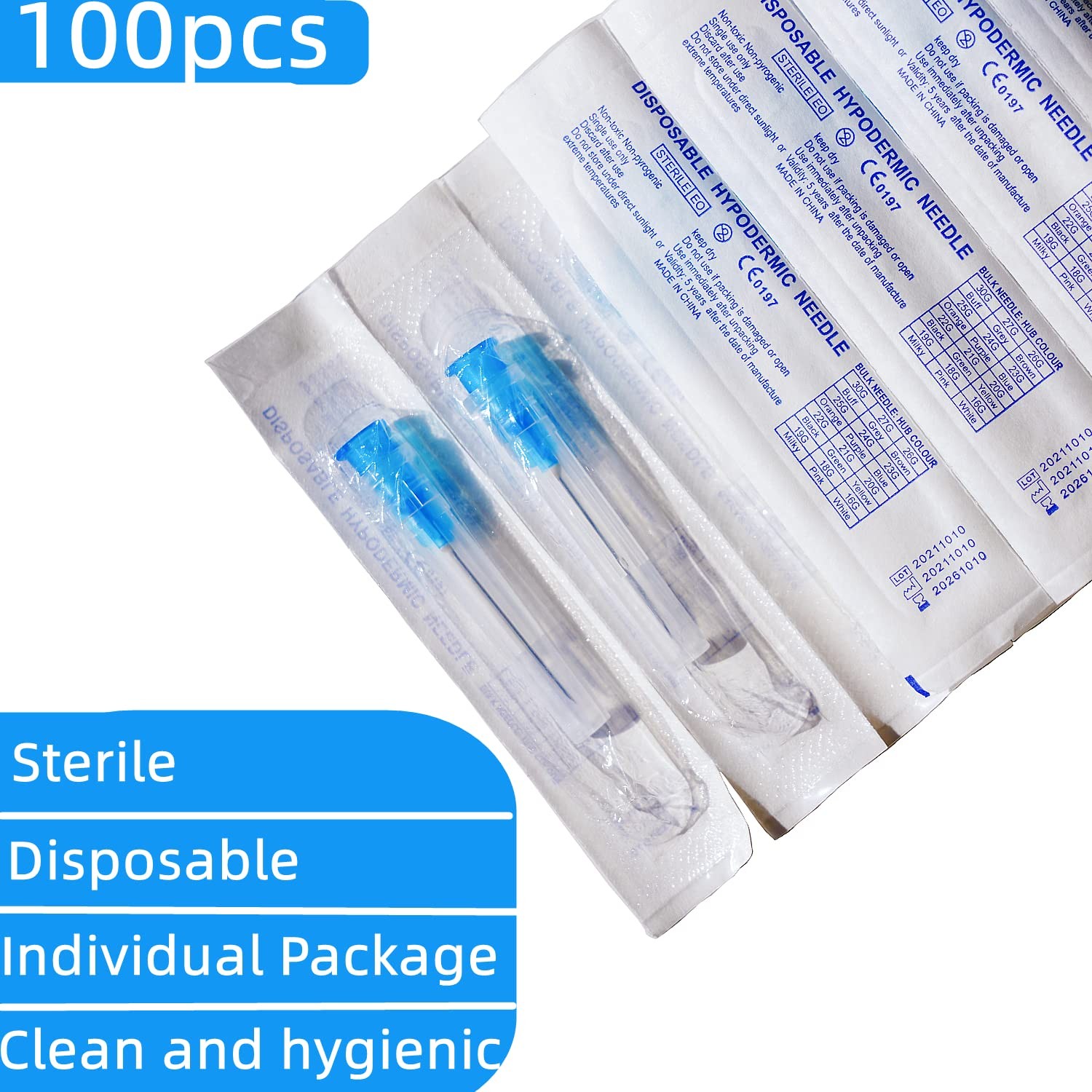 100 Pack 23Ga 1Inch Sterile Disposable Injection Needle with Cap for