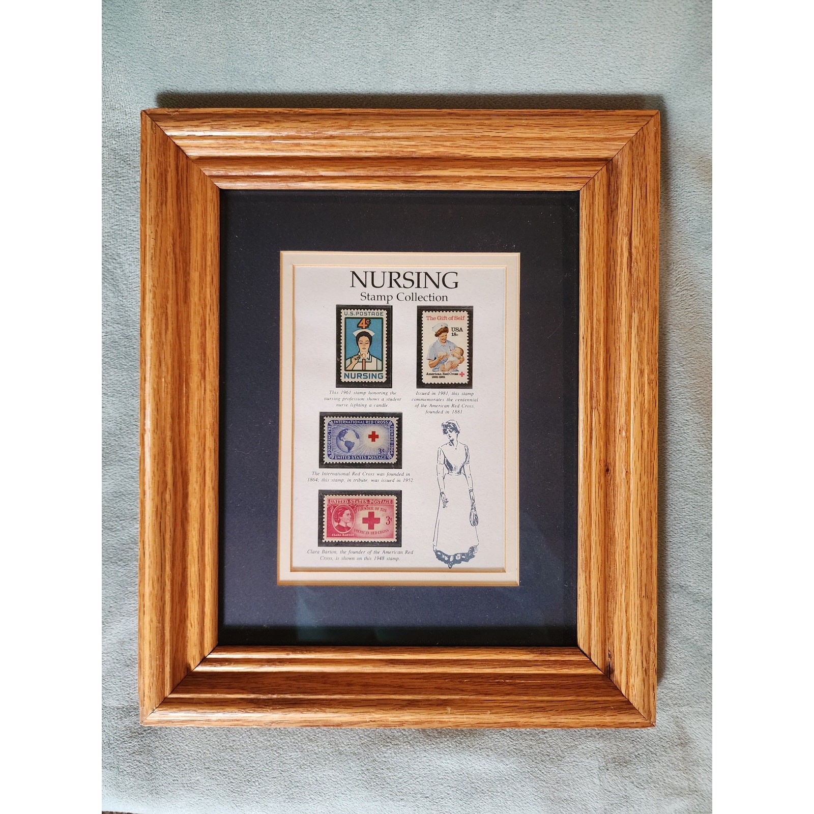 Vintage Nursing Stamp Collection Framed Red Cross Clara Barton Medical Decor