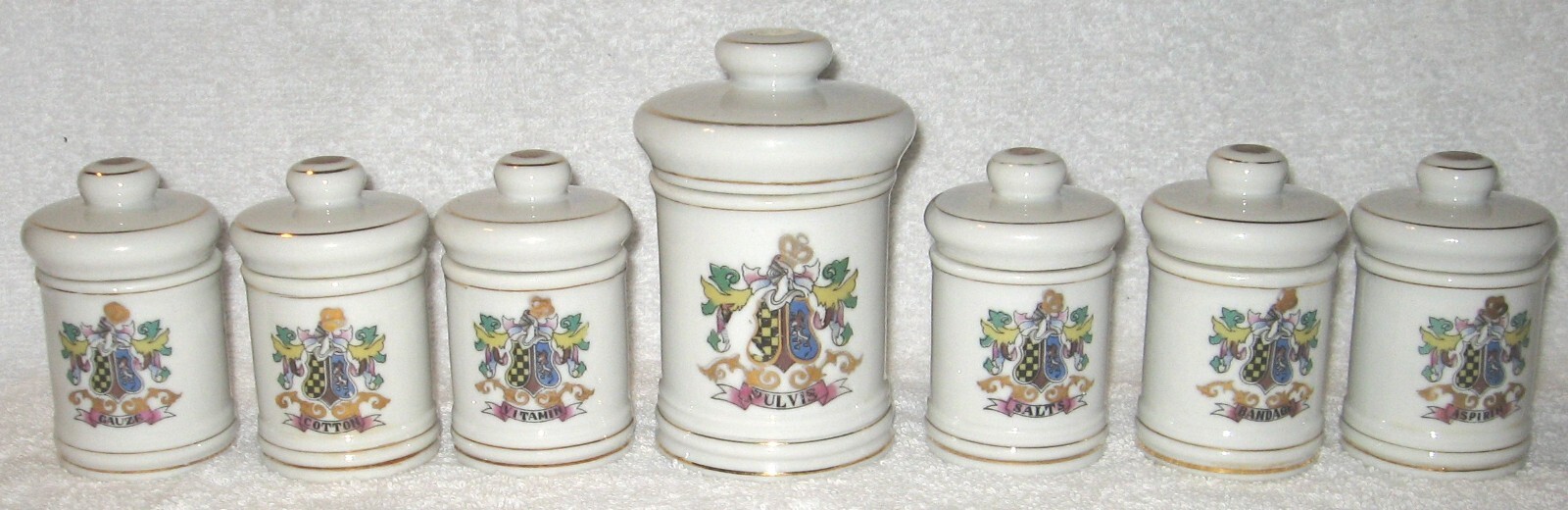 SET 6 DOM JAPAN APOTHECARY CERAMIC PORCELAIN JARS + 1 PULVIS POWDER W/ LIDS EUC!