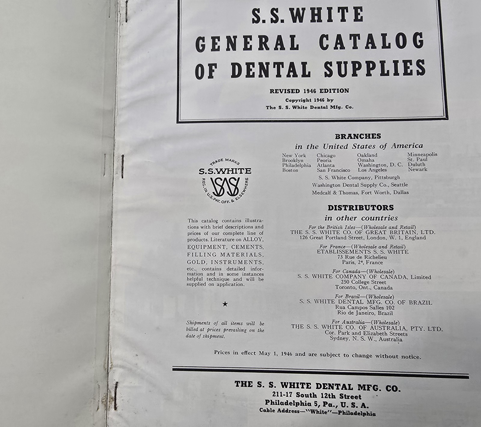 1946 “S.S. White Dental Supplies General Catalog” Revised Edition-VERY COOL