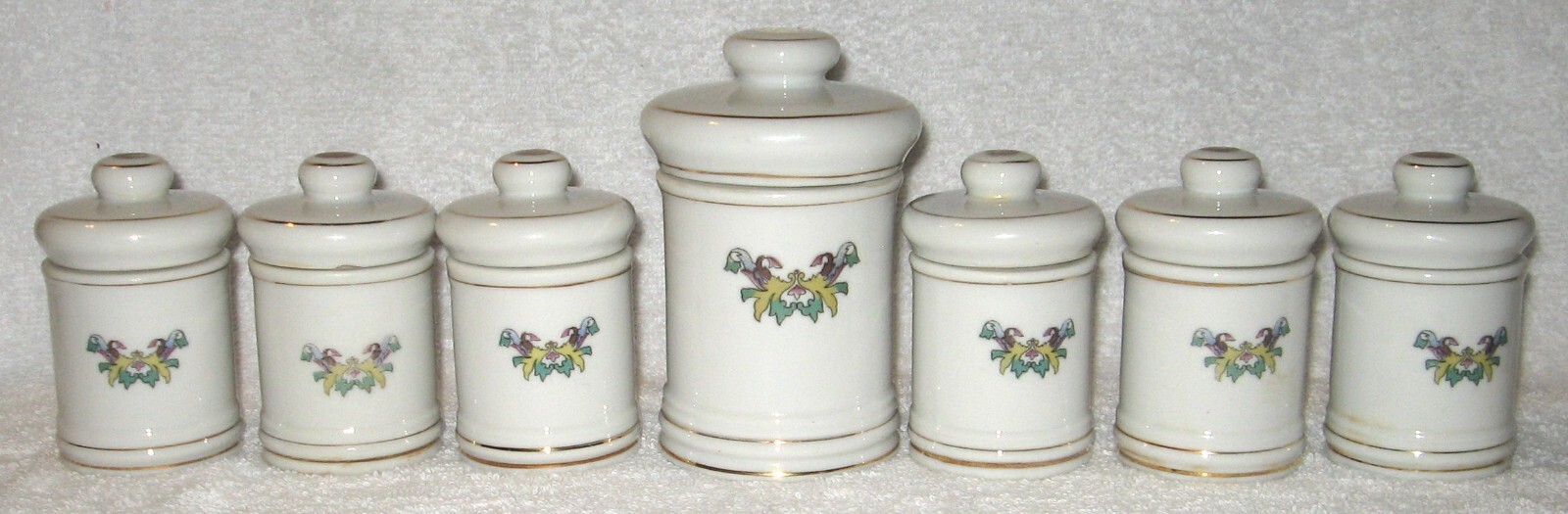 SET 6 DOM JAPAN APOTHECARY CERAMIC PORCELAIN JARS + 1 PULVIS POWDER W/ LIDS EUC!