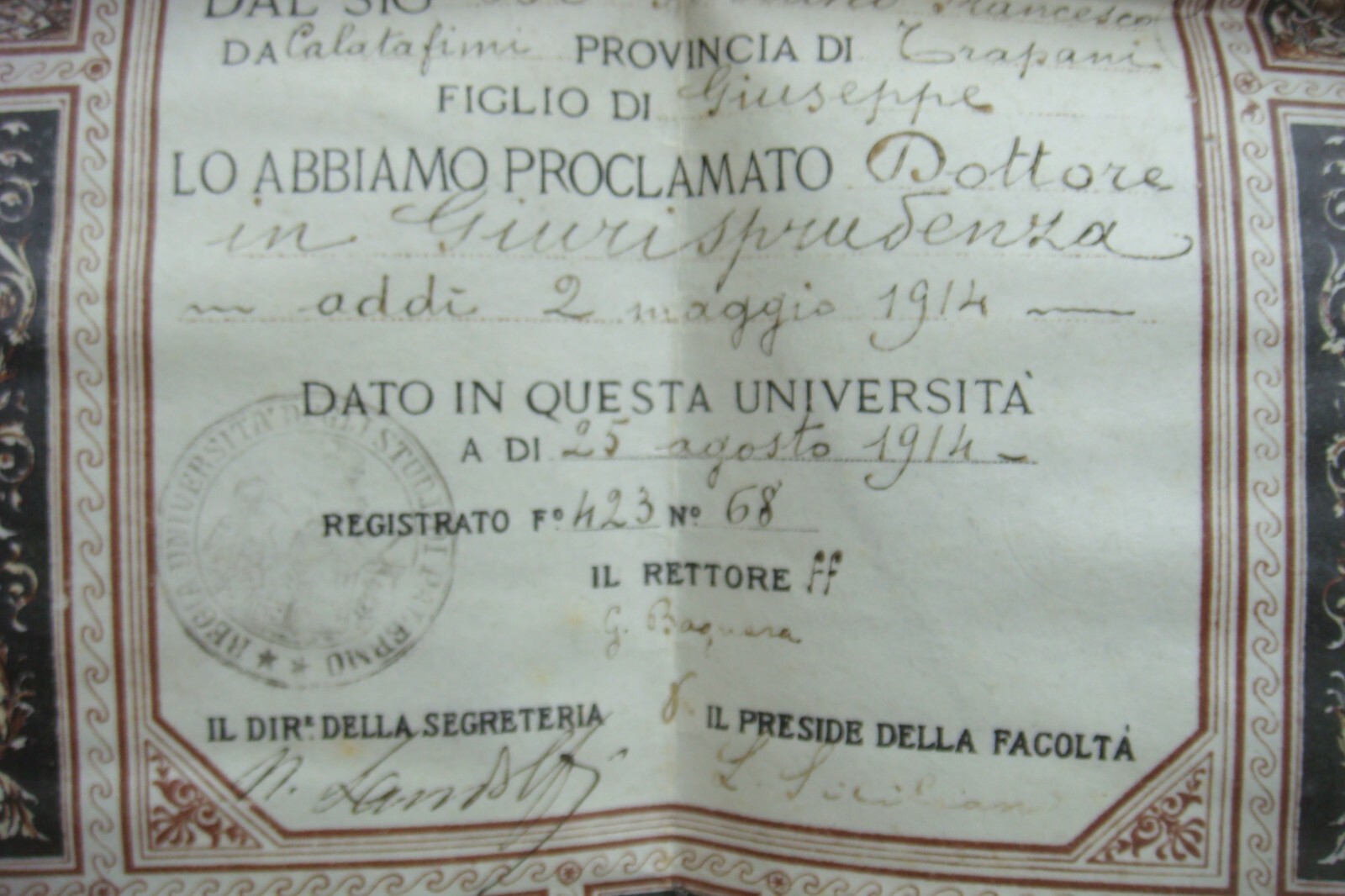 ITALY 1914 Doctor Palermo University Degree for Gaitano Francesco from Grapani