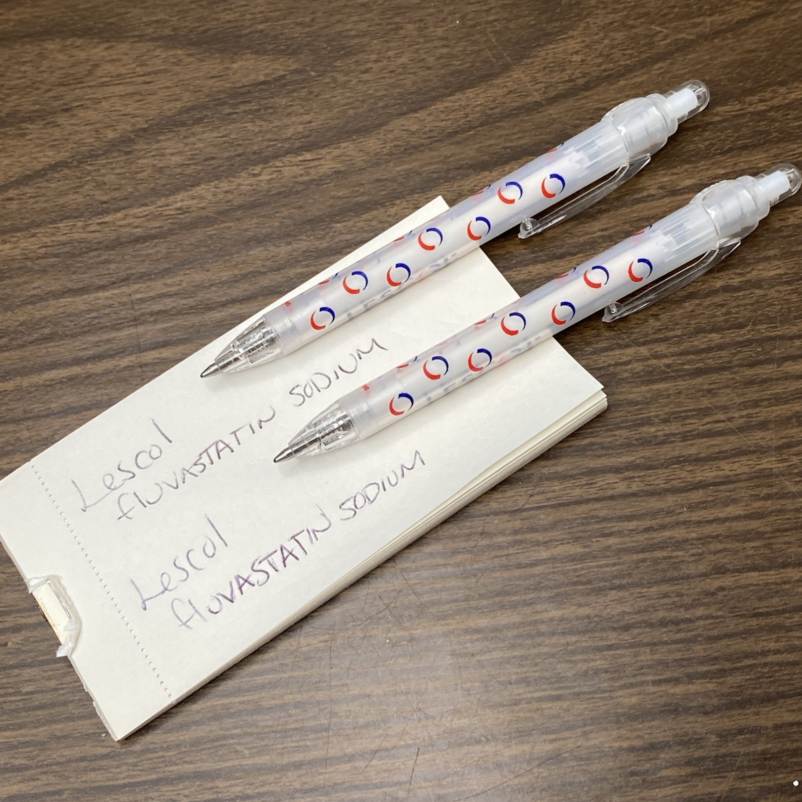 2 Vtg Pharmaceutical Advertising LESCOL Fluvastatin Drug Rep Click Pens WRITES