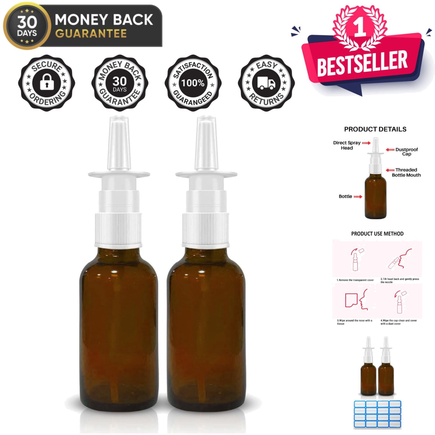 Elegant 1 oz Amber Glass Nasal Sprayer – Refillable & Portable Convenience