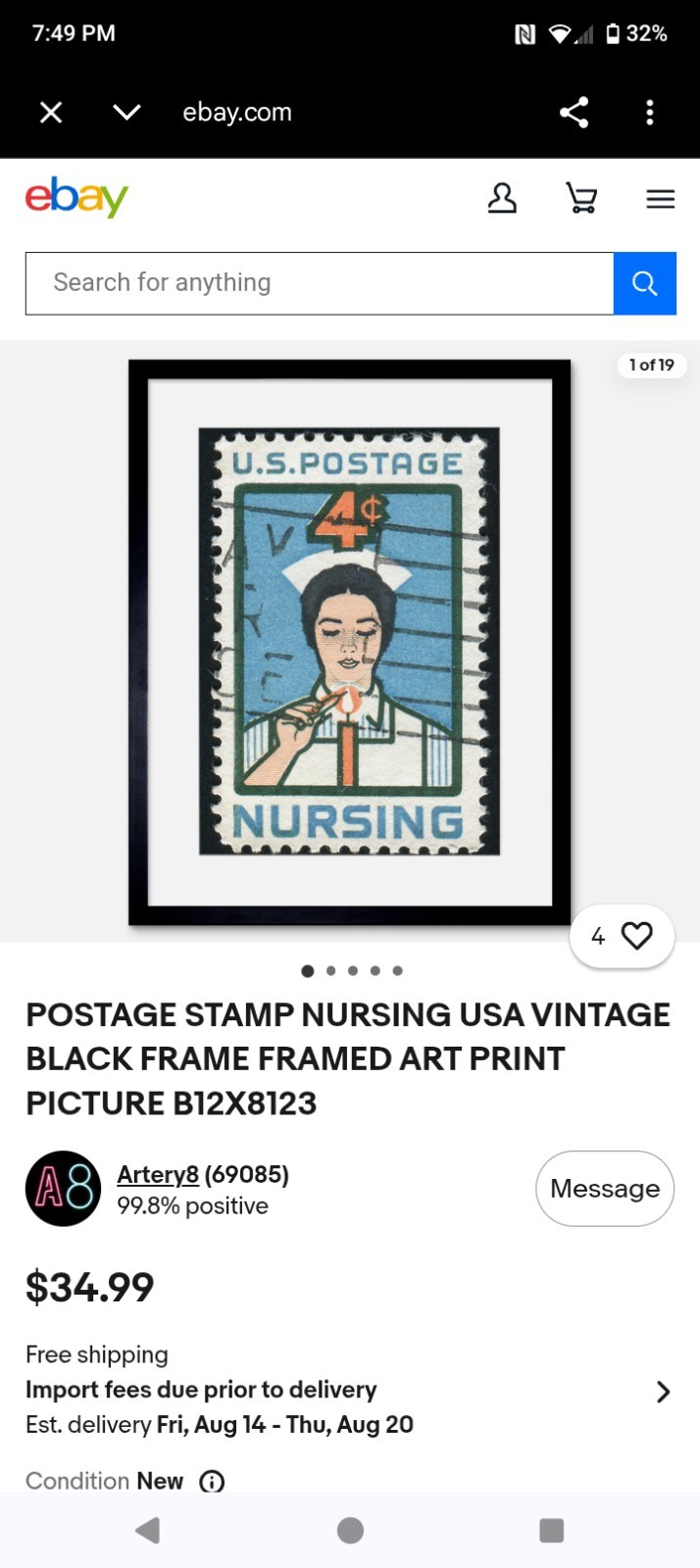 USPS Nursing Postage Stamp Framed Wall Art Print, Black Frame