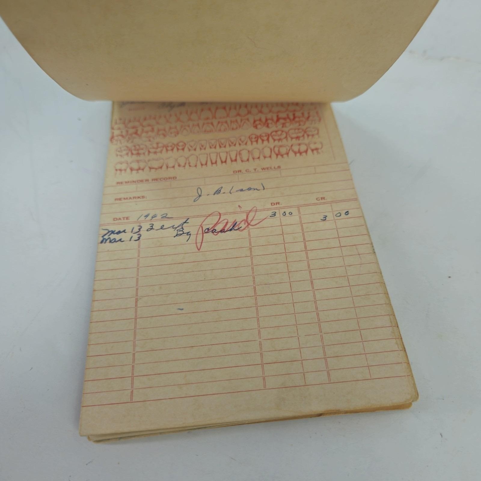Antique Dentist Receipt Card Book 6 Pgs Illustrated Teeth Diagram 1944 Ephemera