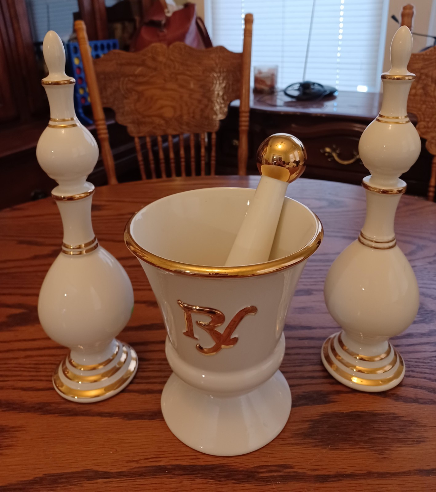 Vintage Owens Illinois Mortar and Pestle Finail Set Rx White and Gold Pharmacy