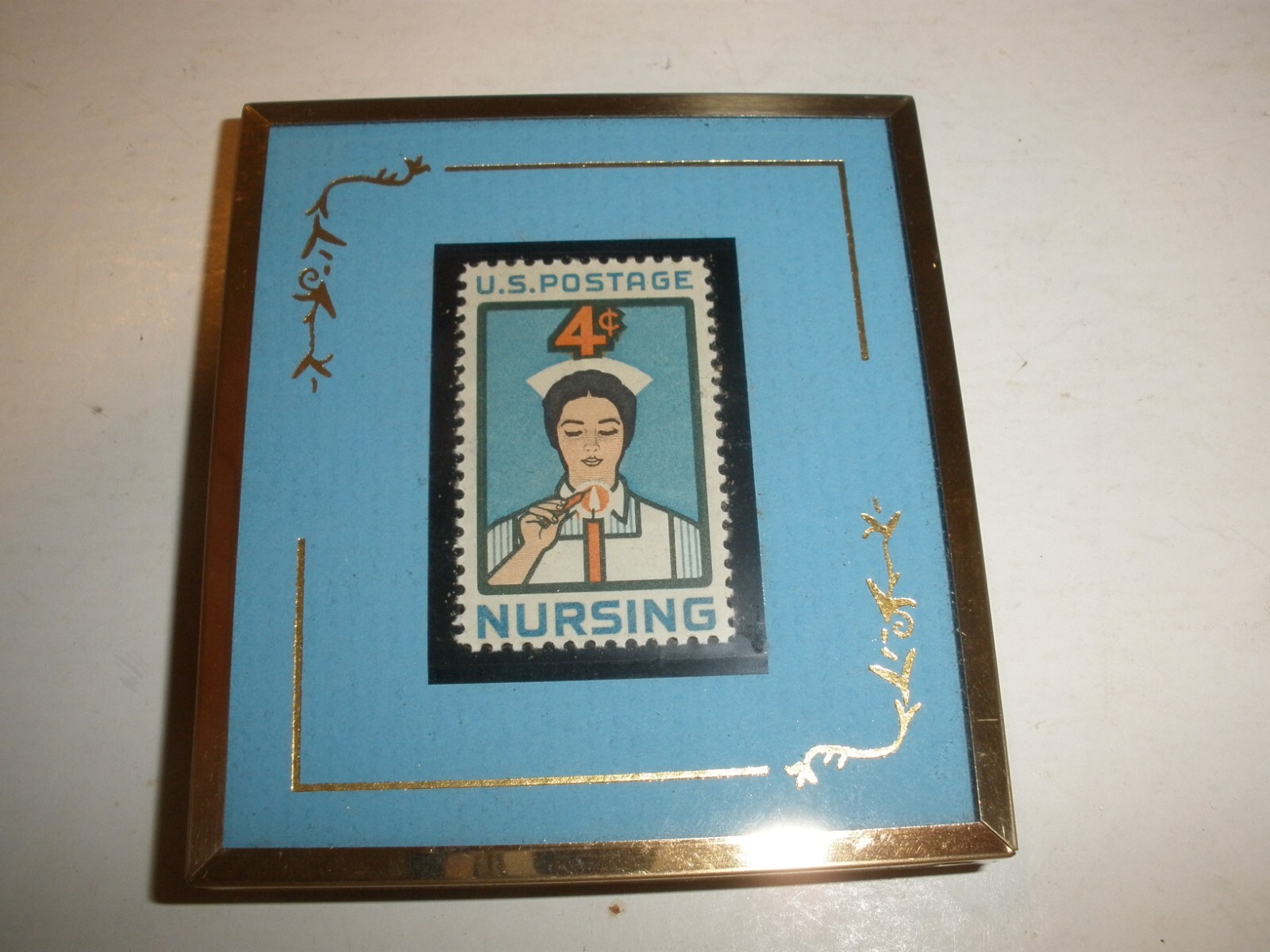 Desk Frame 1961 4 Cent Nursing Stamp Not Canceled US Postage Nurse Candle (GS3)