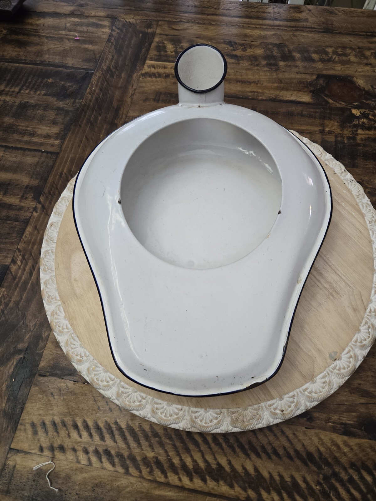 Vintage Unbranded White with Black Trim Enamelware Metal Bedpan/Urinal