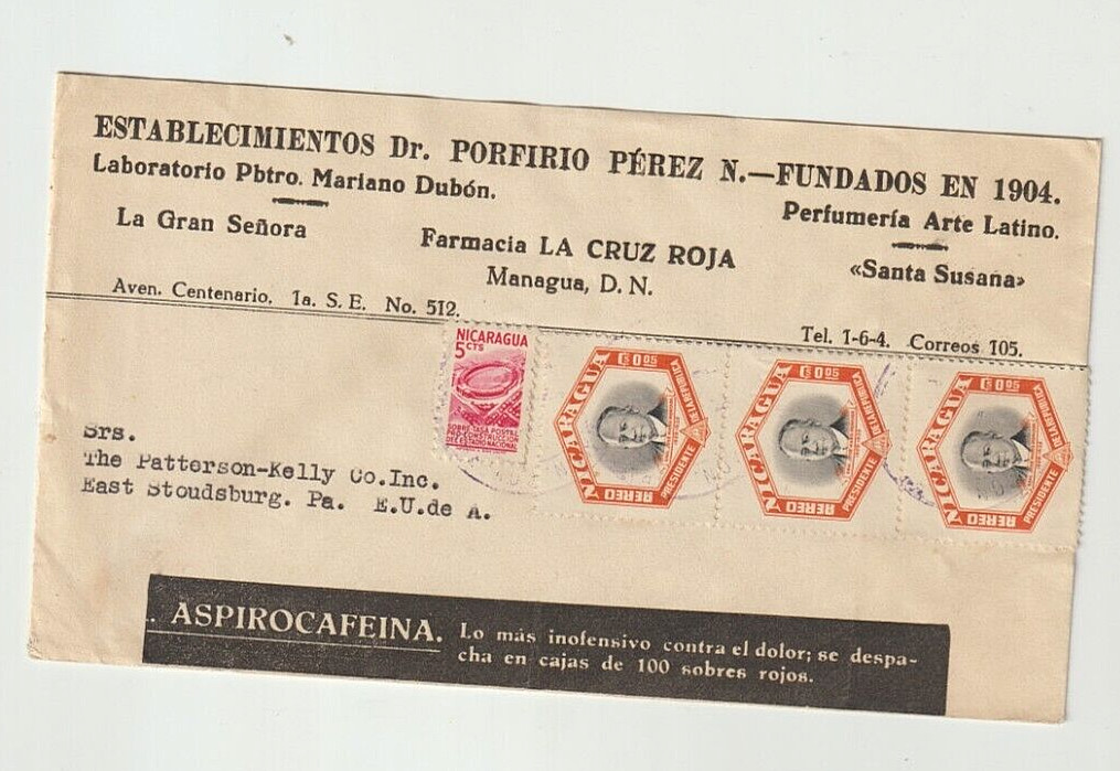 Nicaragua 1950’s PHARMACEUTICALS – Drugs, Medicines Advertising Cover US