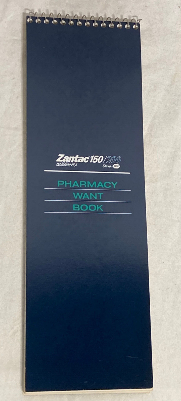 Vntg Glaxo Pharmacy Want Book: Ceftin, Zantac ruled Spiral notebook, 11″ L USA