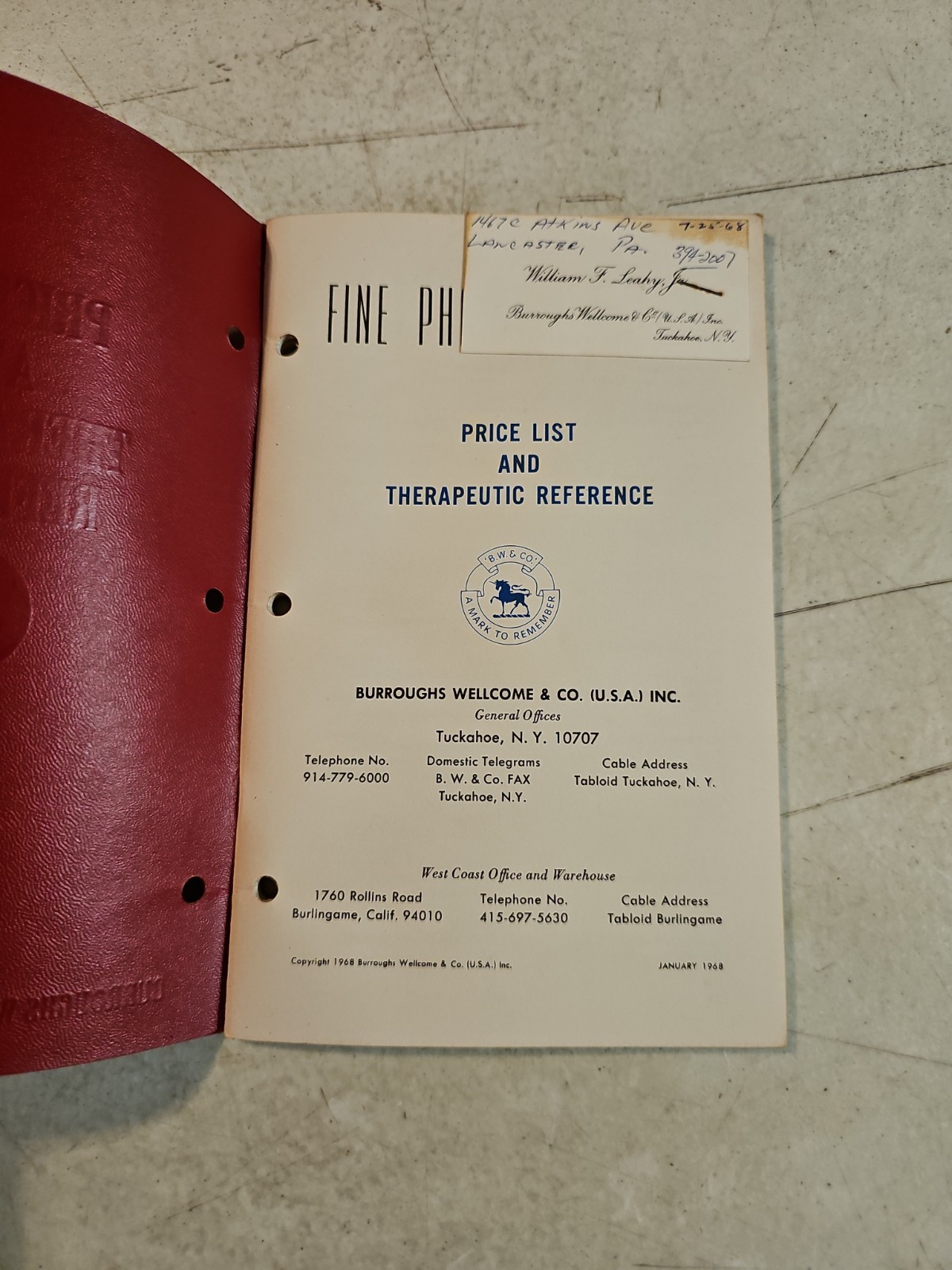 VTG 1968 BURROUGHS WELLCOME & CO. DRUG PRICE LIST & THERAPEUTIC REFERENCE BOOK