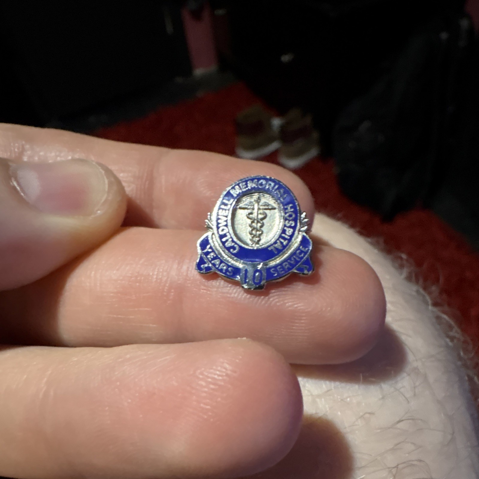 Caldwell Memorial Hospital Blue Enamel Lapel Pin “10 Years of Service” Sterling