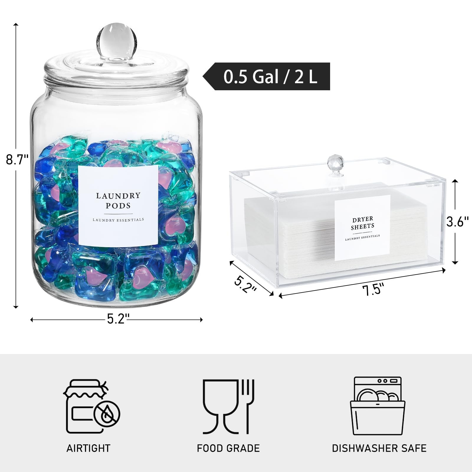 Glass Jars and Dryer Sheet Holder, Dispenser Set with Lids and Labels, Contai…