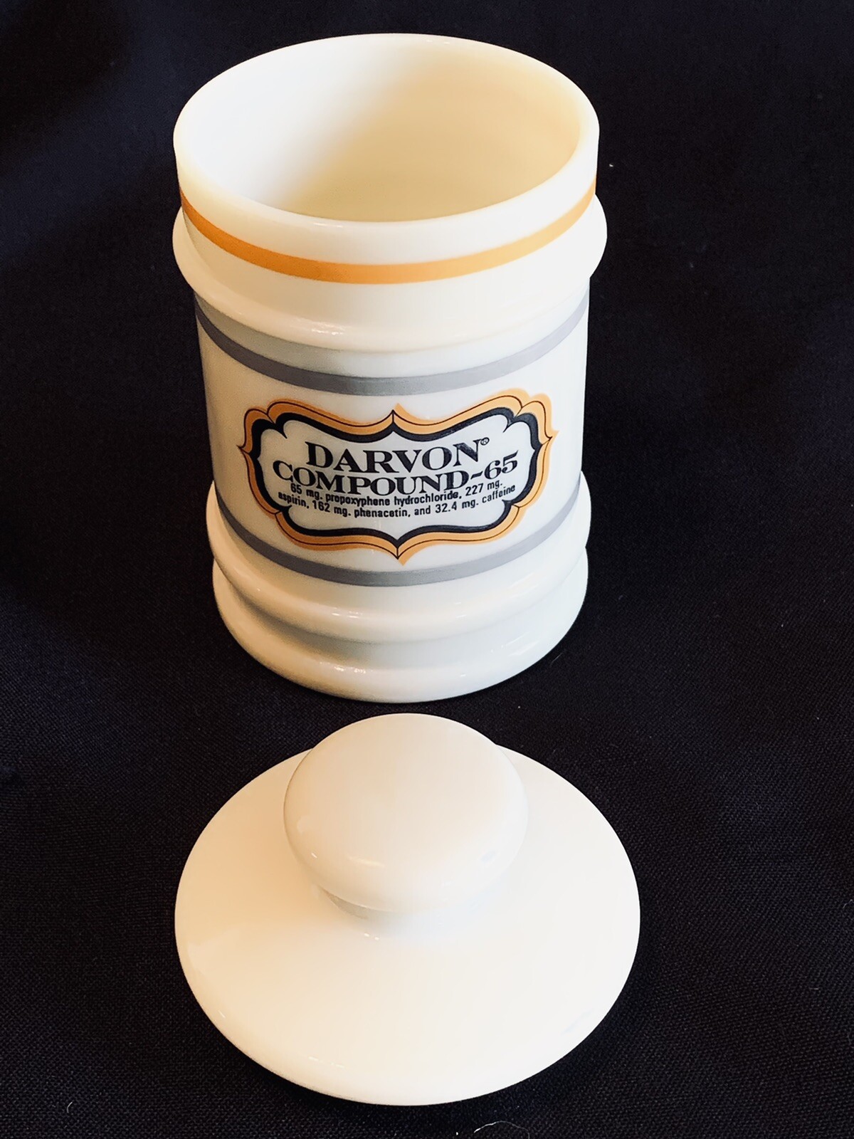 Vintage DARVON COMPOUND 65 Apothecary Custard Milk Glass Jar Canister & Lid 5.5”