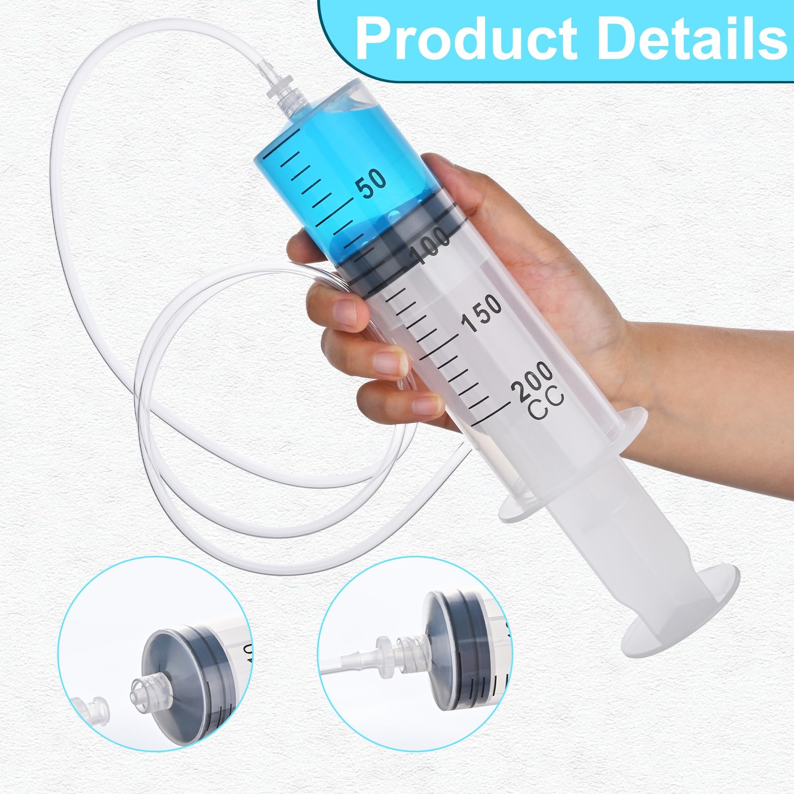 2 Pack 200ml Luer Lock Syringe with 39″ Tube, 200cc Large Plastic