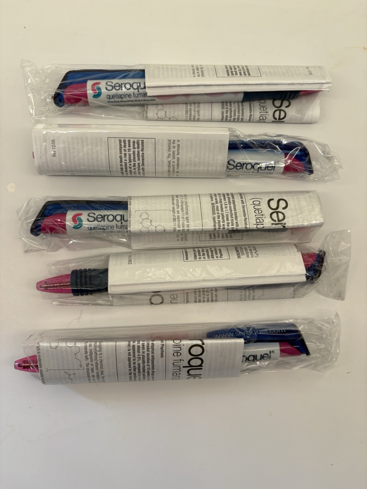 Lot Of 5 SEROQUEL Pharmaceutical Drug Rep White Pink Pens Black Ink Advertising