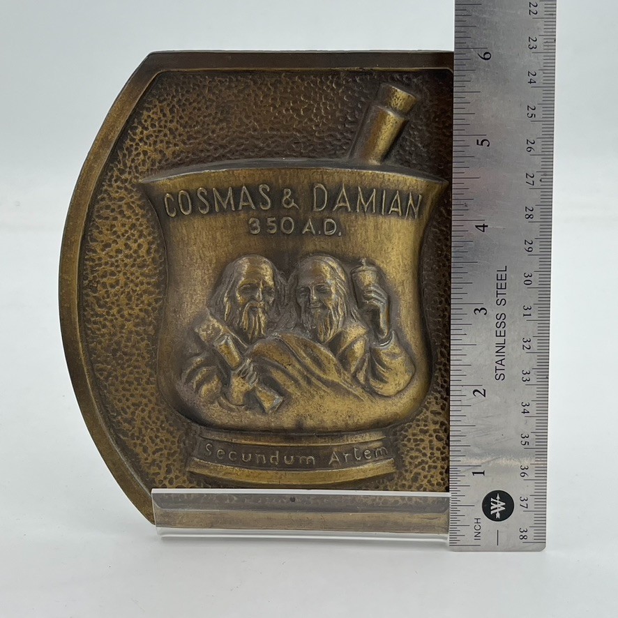 VTG COSMAS AND DAMIAN BRONZE Brass PROMO PLAQUE Advertising Pharmacy Apothecary
