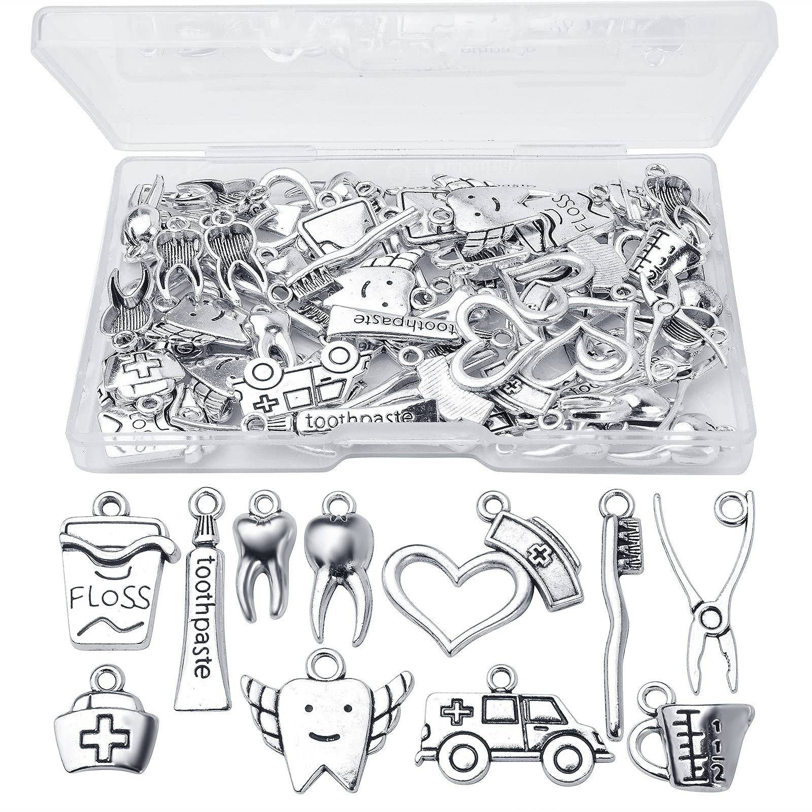 72pcs Antique Silver Healthy Tooth Teeth Charms Dentist Dental