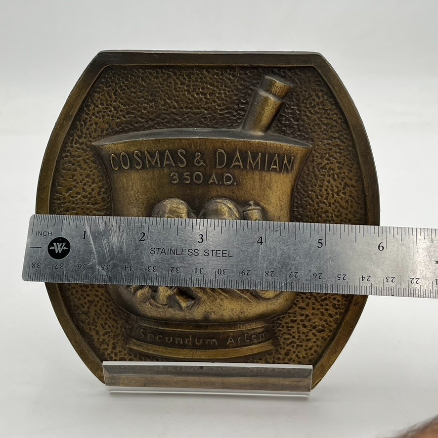 VTG COSMAS AND DAMIAN BRONZE Brass PROMO PLAQUE Advertising Pharmacy Apothecary