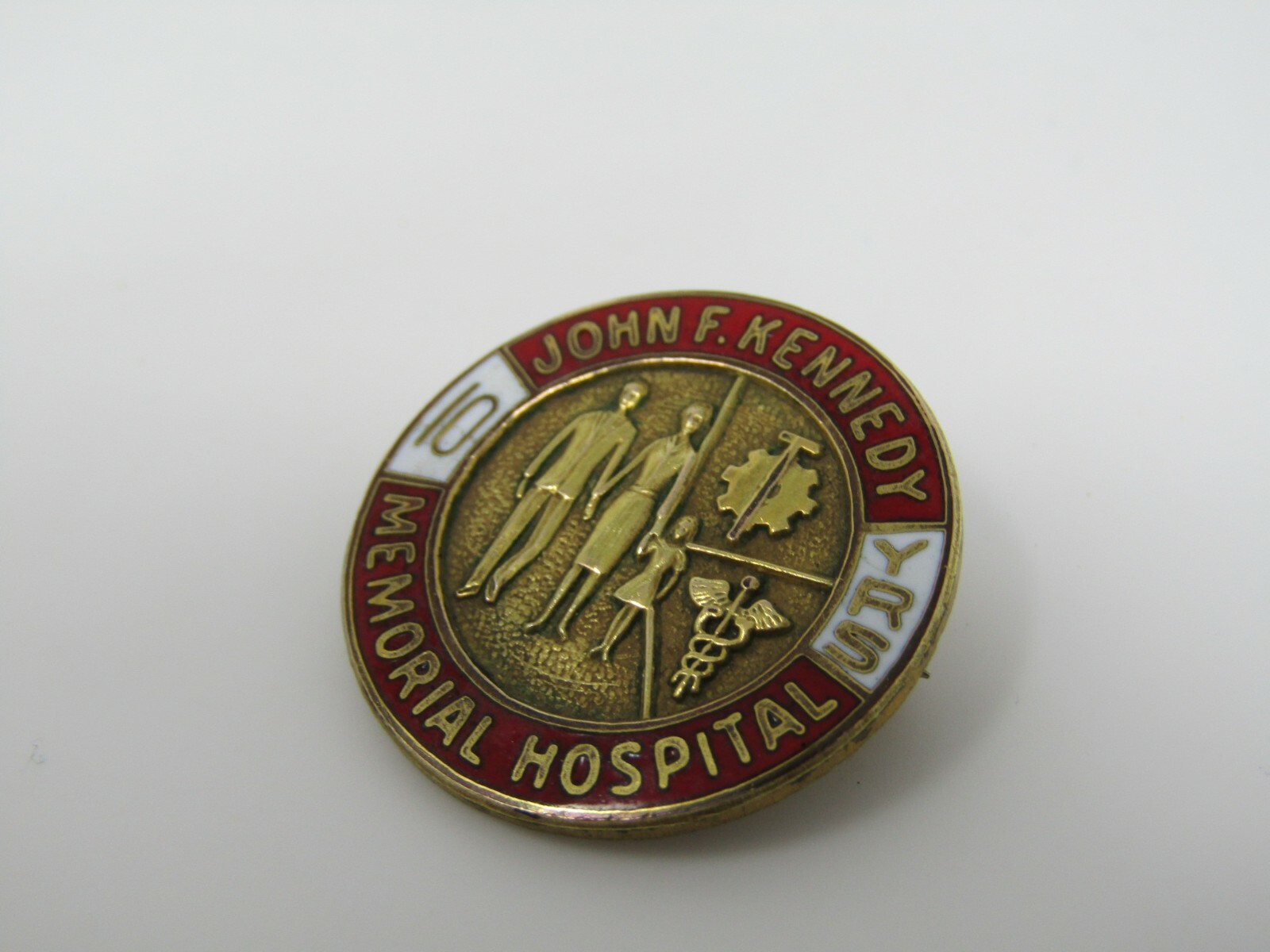 Vintage JFK Memorial Hospital 10 Year Service Award Pin Enamel Medical Caduceus