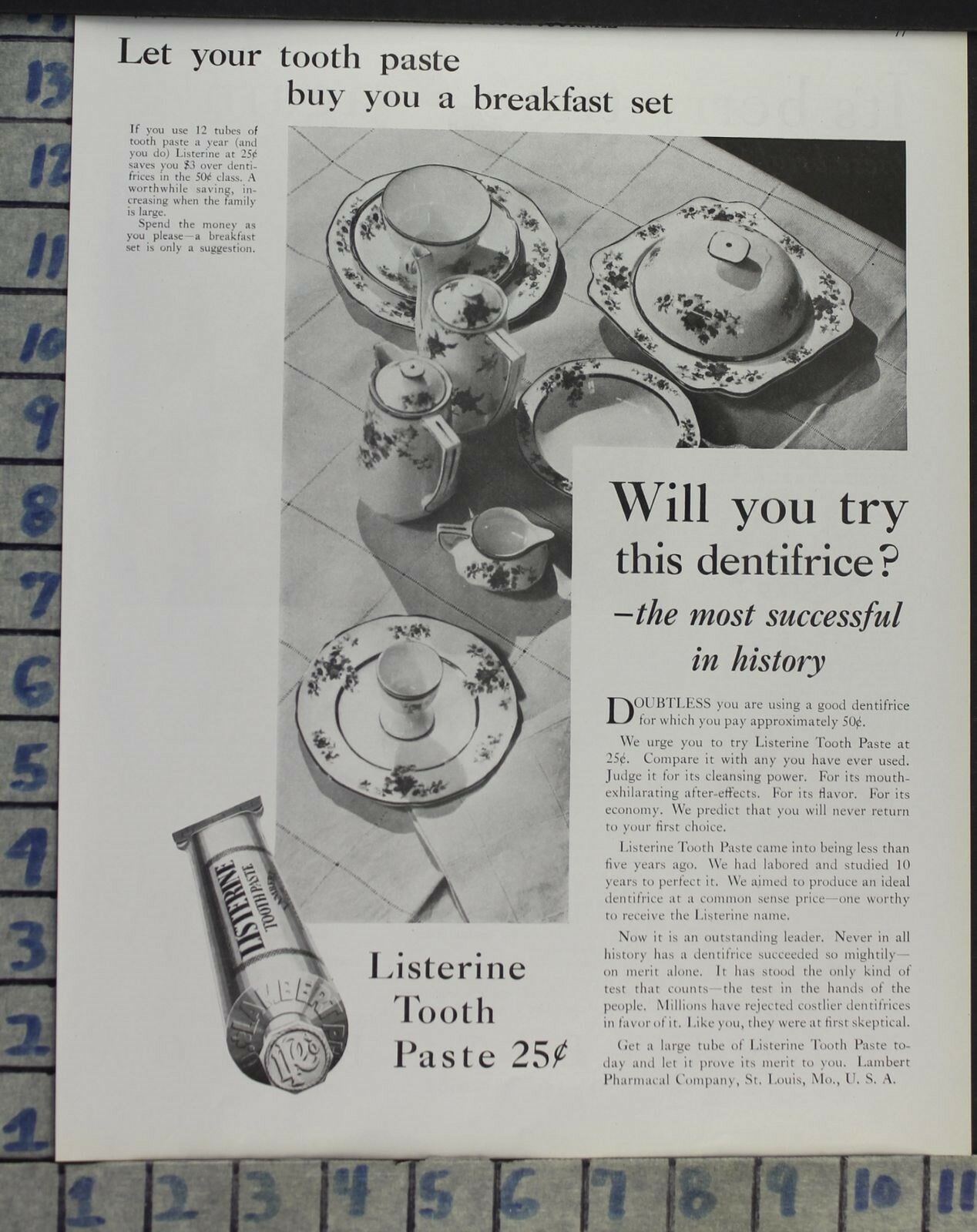 1929 DENTAL MEDICAL LISTERINE TOOTHPASTE CHINA SET BREAKFAST VINTAGE AD CJ15