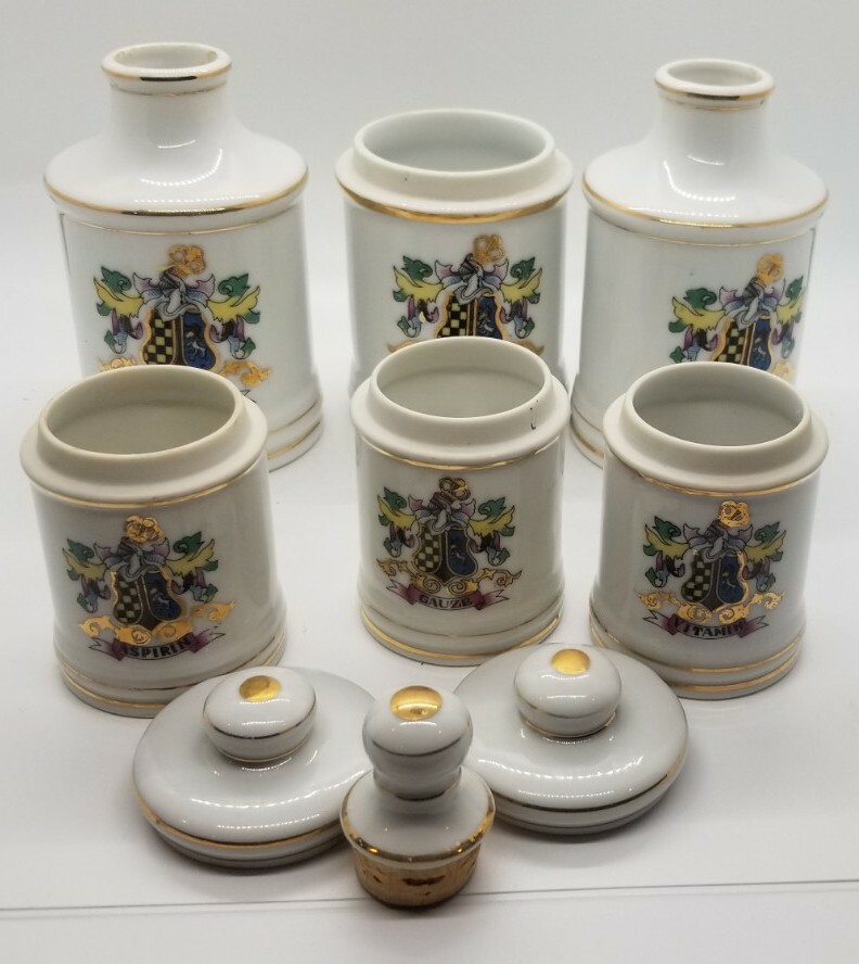 Vintage Apothecary Jars 6 Pharmacy Bottles Gold Trim Crest Hand Painted Japan