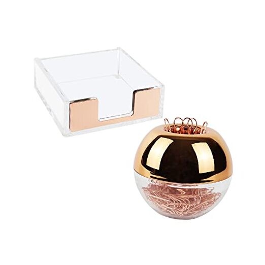Magnetic Paper Clip Holder 3×3 Sticky Note Holder Set, Clear Acrylic Rose Gold