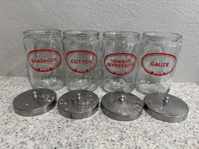 Vintage Profex Red Label Medical Office Apothecary Glass Jars Containers Set – 4