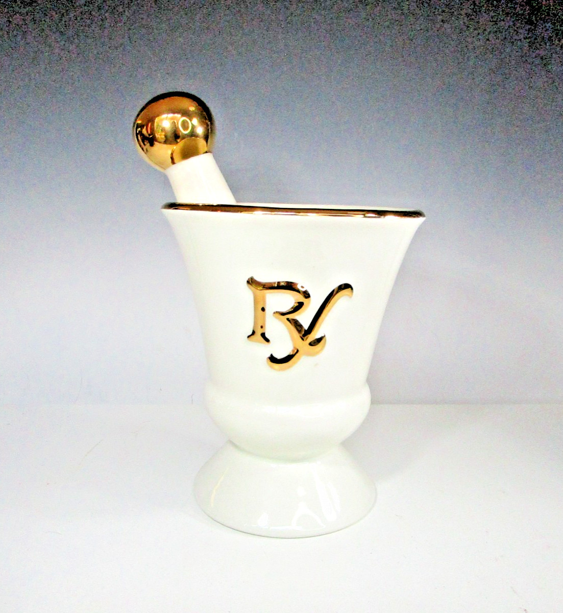 Owens Illinois RX Porcelain Mortar & Pestle White Gilt 7″ Pharmacy