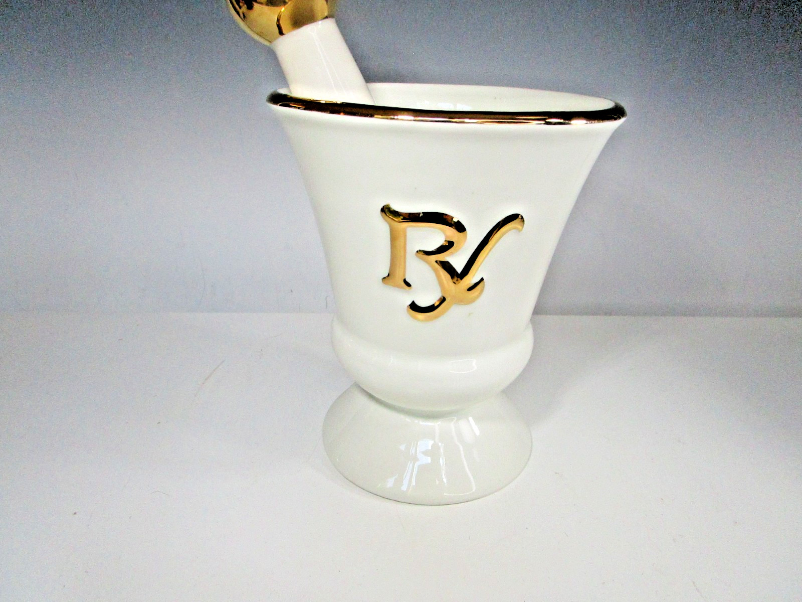 Owens Illinois RX Porcelain Mortar & Pestle White Gilt 7″ Pharmacy