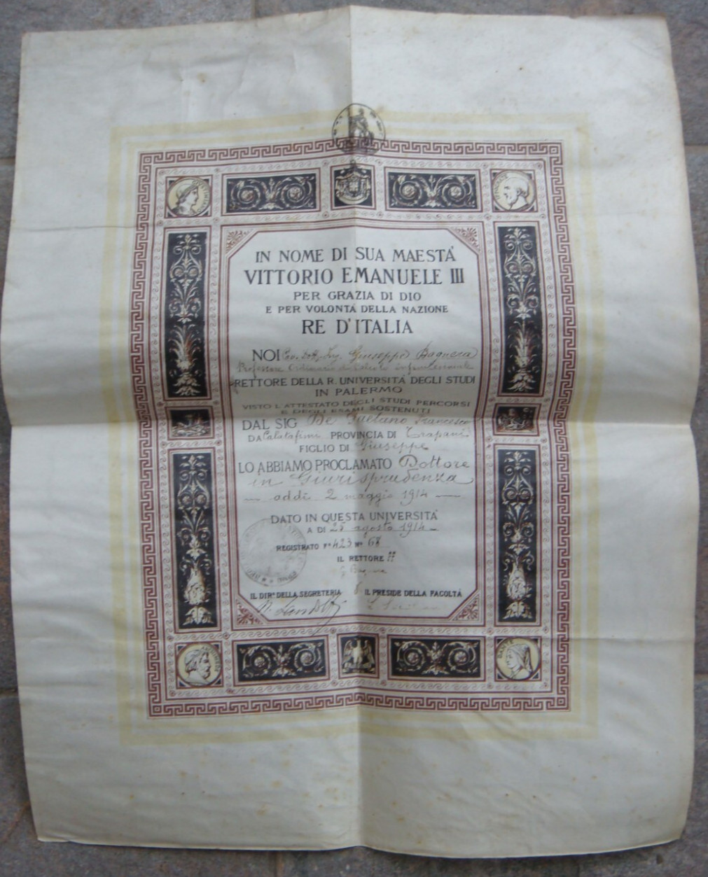 ITALY 1914 Doctor Palermo University Degree for Gaitano Francesco from Grapani
