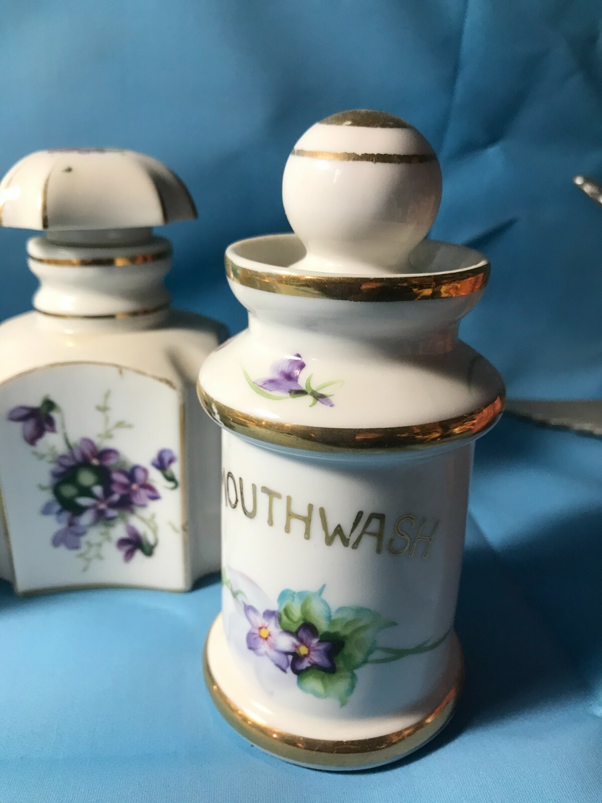 Unusual Vintage 5pc Porcelain Vanity Dresser Set – Purple Violets on White China