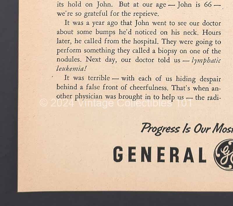 1957 General Electric GE X-Ray Radiology Lymphatic Leukemia photo art vintage ad