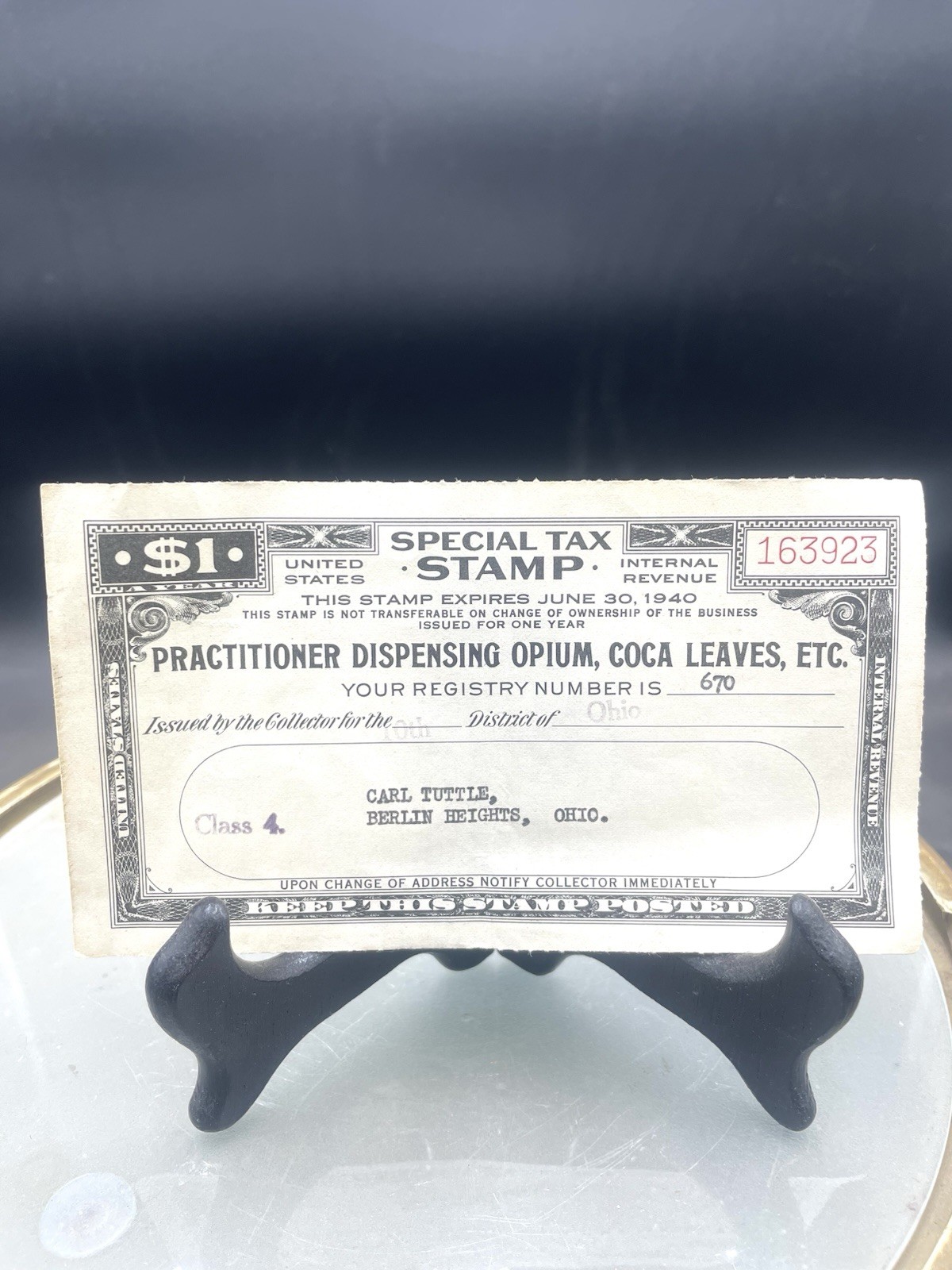 1940 U.S. SPECIAL TAX STAMP $1 Practitioner Dispensing Opium, Coca Leaves, Etc.