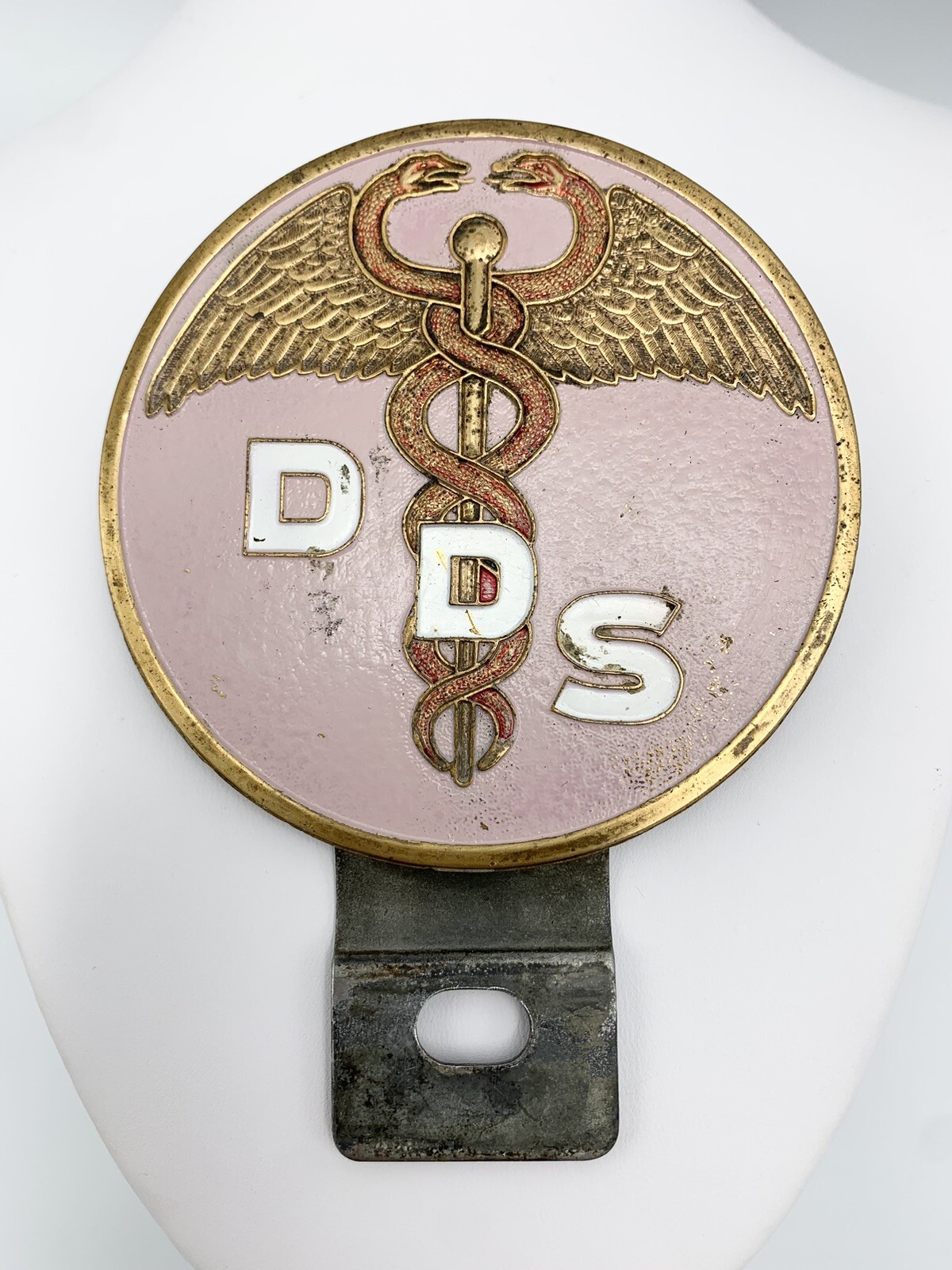 Vintage DDS Doctor Dental Surgery License Plate Topper Badge Pink Enamel Dentist