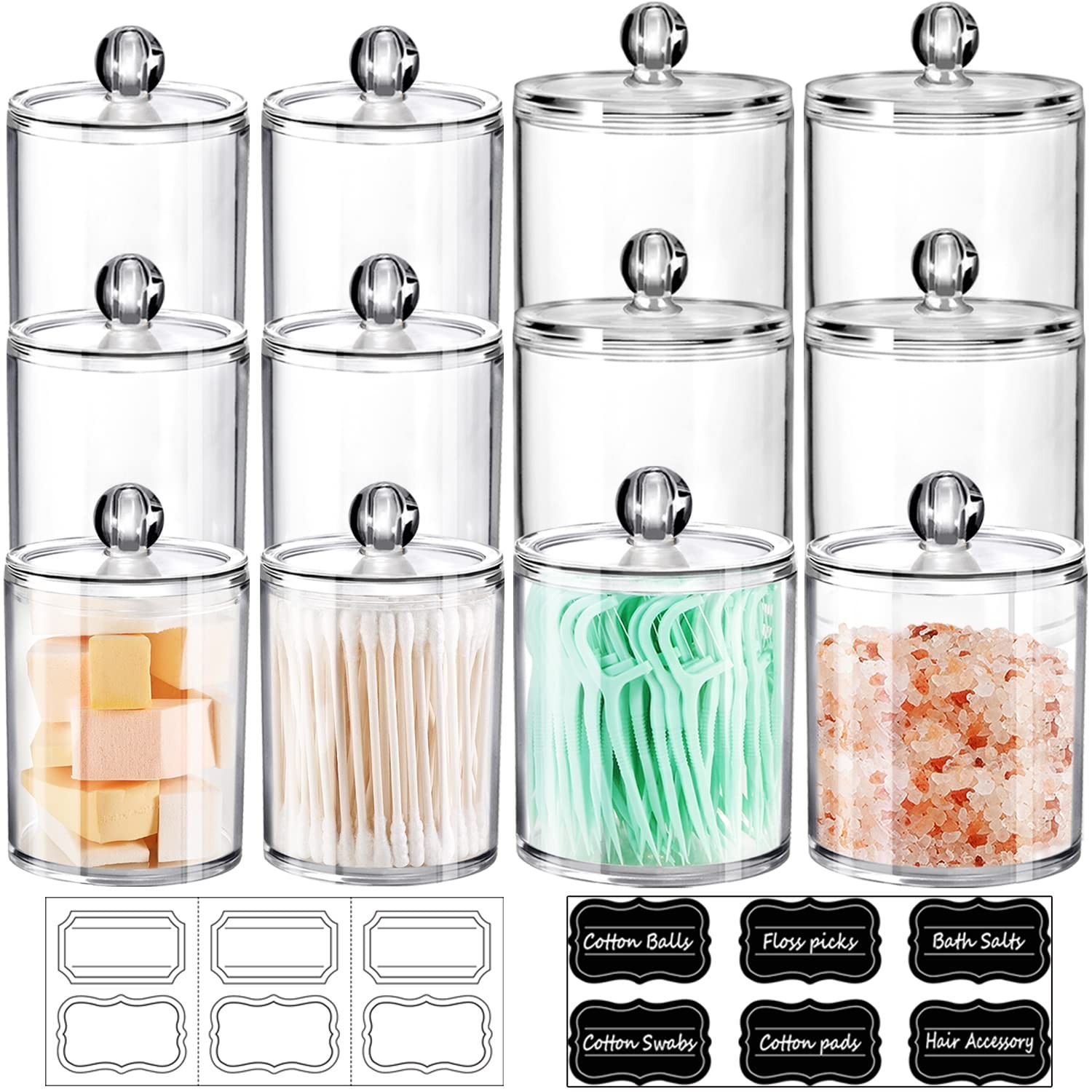 SheeChung 12 Pack Qtip Holder, Clear Acrylic Apothecary Jars with Labels- Sha…