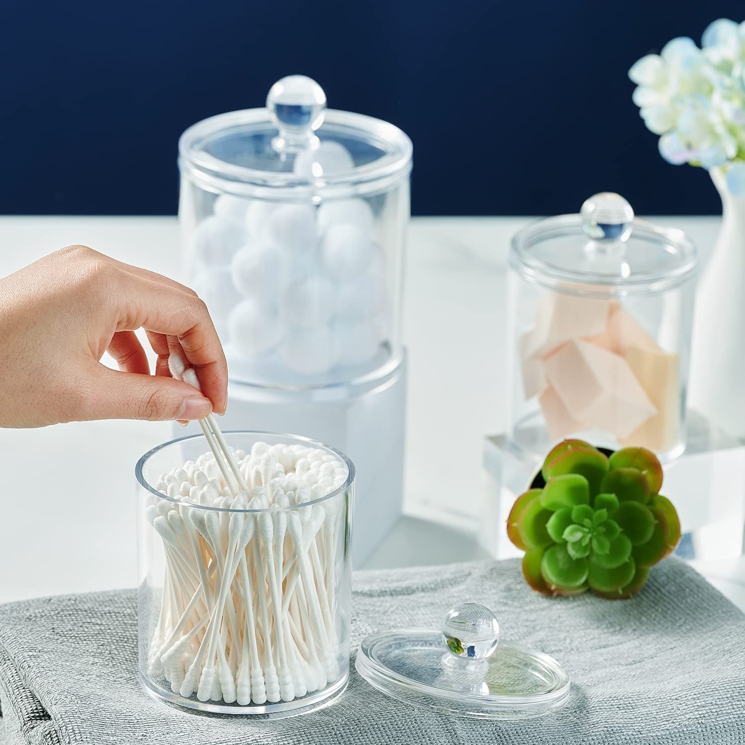 SheeChung 12 Pack Qtip Holder, Clear Acrylic Apothecary Jars with Labels- Sha…