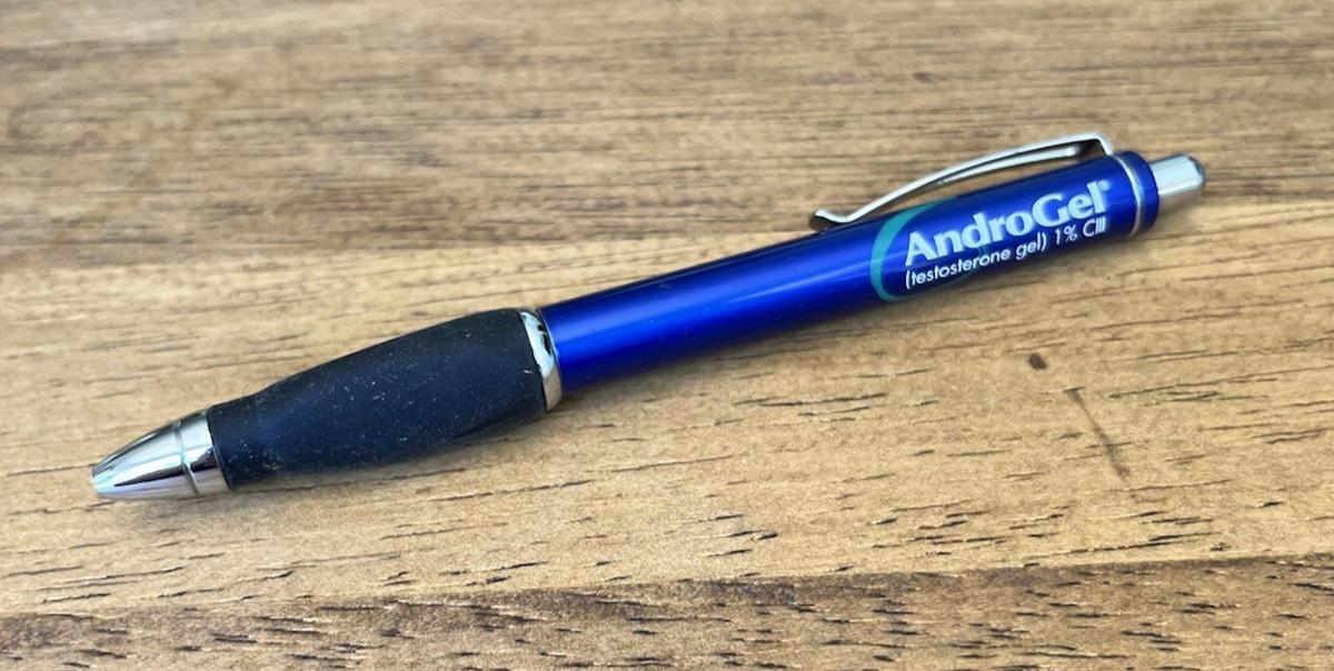 AndroGel Heavy Metal Blue Click Style “Gel” Ink Pen Doctor Office Giveaway RARE